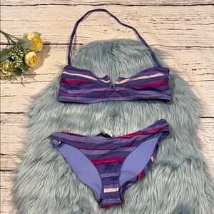 NWT Diane Von Furstenberg Striped Halter Purple Swim Bikini Set